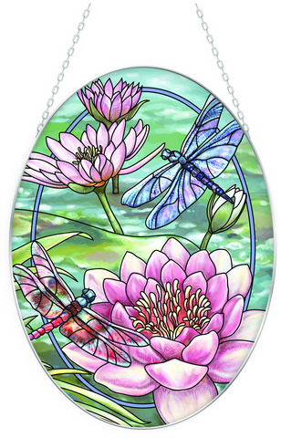 Dragonflies & Lillies - 7" x 5.5" Med. Oval Glass Suncatcher Bridgeton Hall