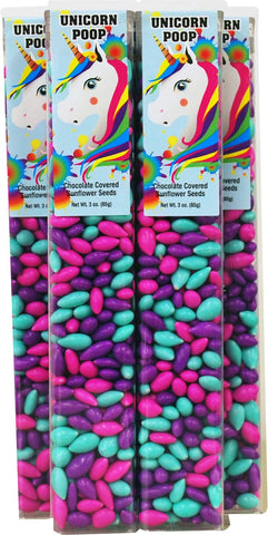 Unicorn Poop, bright colored Sunny Seeds in 3 oz tubes. Sunflower Food Company