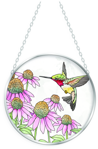 Coneflower & Hummingbirds - 4.5" Medium Glass Suncatcher Bridgeton Hall