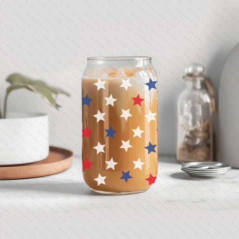 16oz Summer USA Super Stars Patriotic Glass Cup with Bamboo Lid & Straw #100131: Sublimation (Translucent) Sayers & Co.