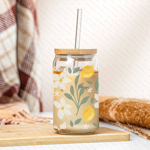 16oz Lemon Bloom Glass Cup with Bamboo Lid & Straw #100115: Permanent Vinyl (Opaque) Sayers & Co.