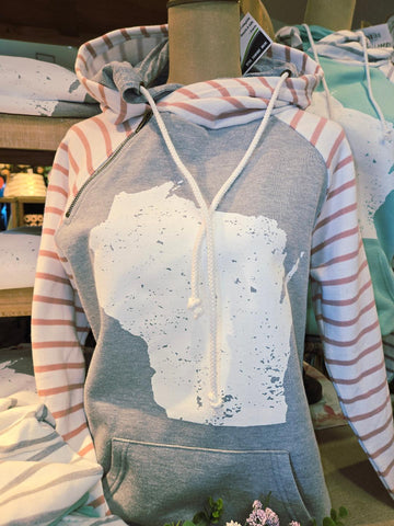 WI, Ladies Stripe Double Hood Pullover, Athletic Heather/Rose Sand/White Stripe Eagle Graphics