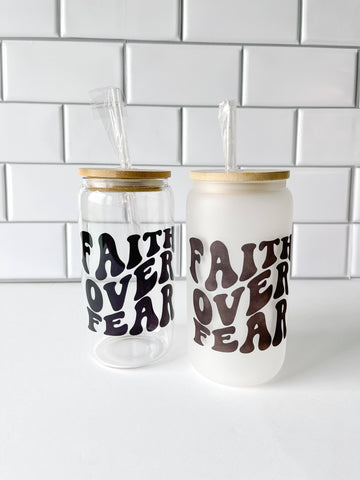 Faith Over Fear Glass Can: Clear - Treehouse Gift & Home - Onalaska Wisconsin