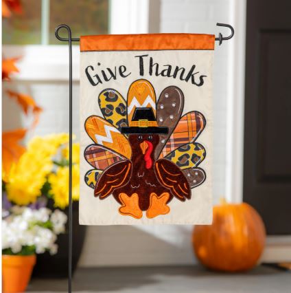 Give Thanks Patterned Turkey Applique Garden Flag Evergreen Enterprises