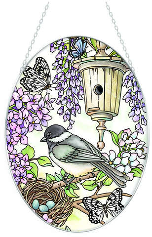 Birdsong Chickadee - 7" x 5.5" Medium Glass Oval Suncatcher Bridgeton Hall