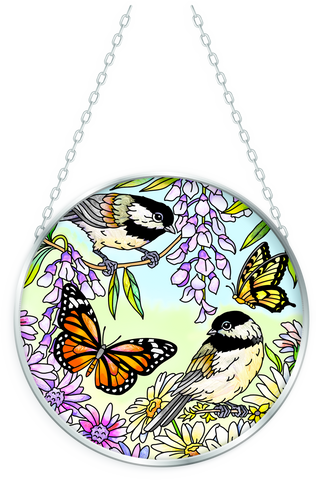Chickadee Garden - 4.5" Medium Glass Circle Suncatcher Bridgeton Hall