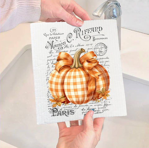 Fall Autumn French Checkered Pumpkins SWEDISH DISH CLOTH Avery Lane Gifts