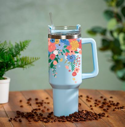 Bursting Blossoms Canyon Cup, Double Wall Stainless with Straw Evergreen Enterprises
