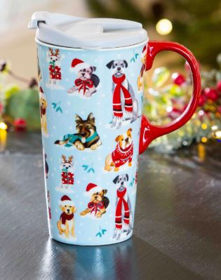 Winter Dogs with Scarves Ceramic Travel Cup with Box Evergreen Enterprises