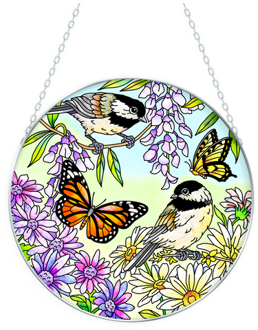 Chickadee Garden - 6.5" Large Glass Circle Suncatcher Bridgeton Hall