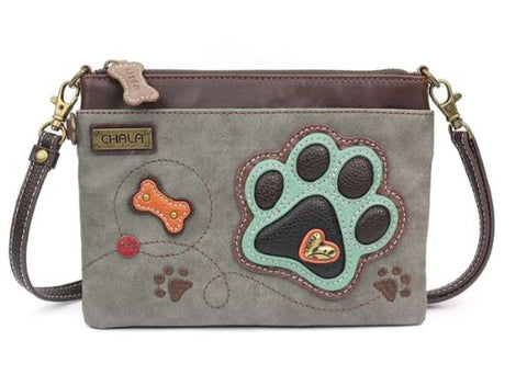 Mini Crossbody - Paw Print - teal - stone gray Chala Handbags