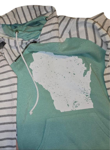 WI, Ladies Stripe Double Hood Pullover, Fade Seaglass/Grey/White Stripe Eagle Graphics