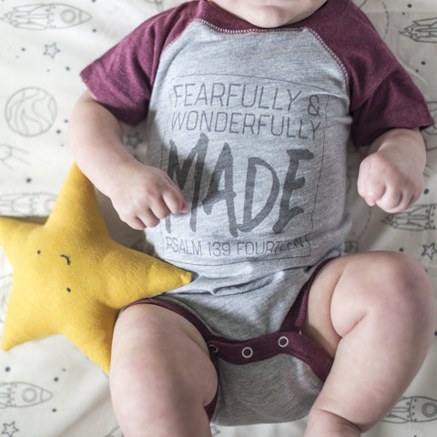 Fearfully & Wonderfully Made Baseball Onesie in Burgundy - Treehouse Gift & Home