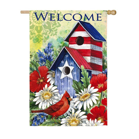 Patriotic Birdhouse & Cardinal House Sub Suede Flag - Treehouse Gift & Home
